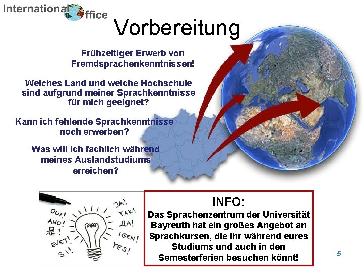 Vorbereitung Frühzeitiger Erwerb von Fremdsprachenkenntnissen! Welches Land und welche Hochschule sind aufgrund meiner Sprachkenntnisse