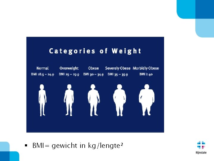 § BMI= gewicht in kg/lengte² 