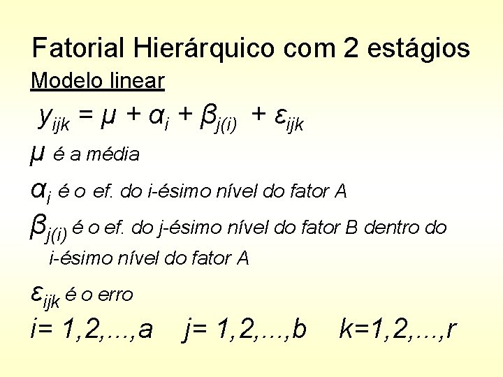 Fatorial Hierárquico com 2 estágios Modelo linear yijk = μ + αi + βj(i)