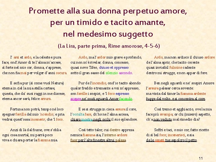 Promette alla sua donna perpetuo amore, per un timido e tacito amante, nel medesimo