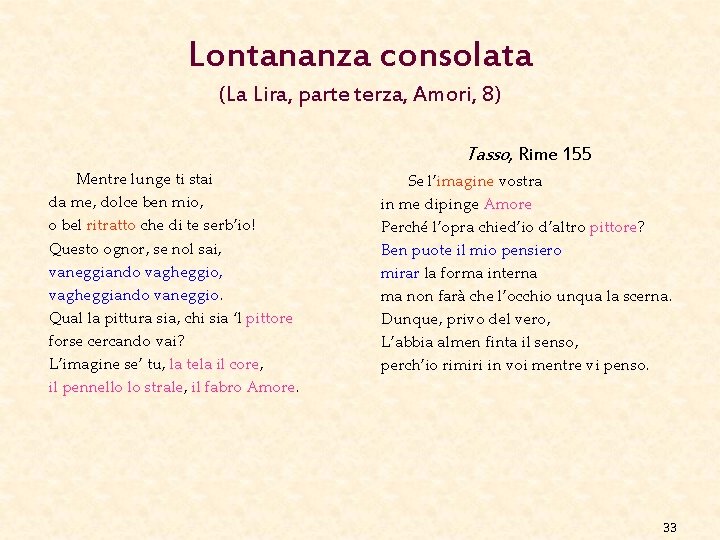 Lontananza consolata (La Lira, parte terza, Amori, 8) Tasso, Rime 155 Mentre lunge ti