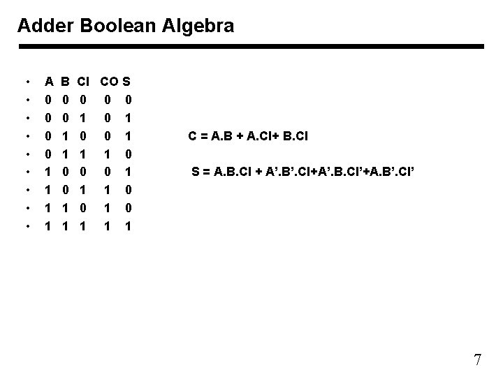 Adder Boolean Algebra • • • A 0 0 1 1 B 0 0