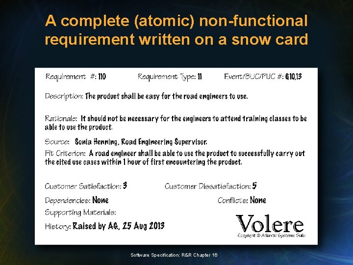 A complete (atomic) non-functional requirement written on a snow card Software Specification: R&R Chapter