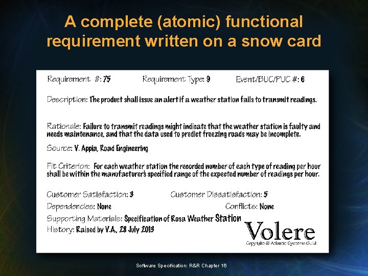 A complete (atomic) functional requirement written on a snow card Software Specification: R&R Chapter