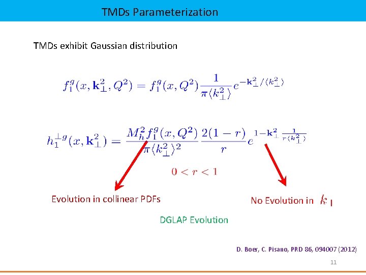 TMDs Parameterization TMDs exhibit Gaussian distribution Evolution in collinear PDFs No Evolution in DGLAP