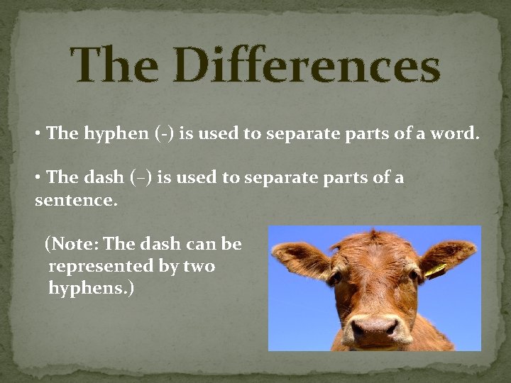 The Differences • The hyphen (-) is used to separate parts of a word.