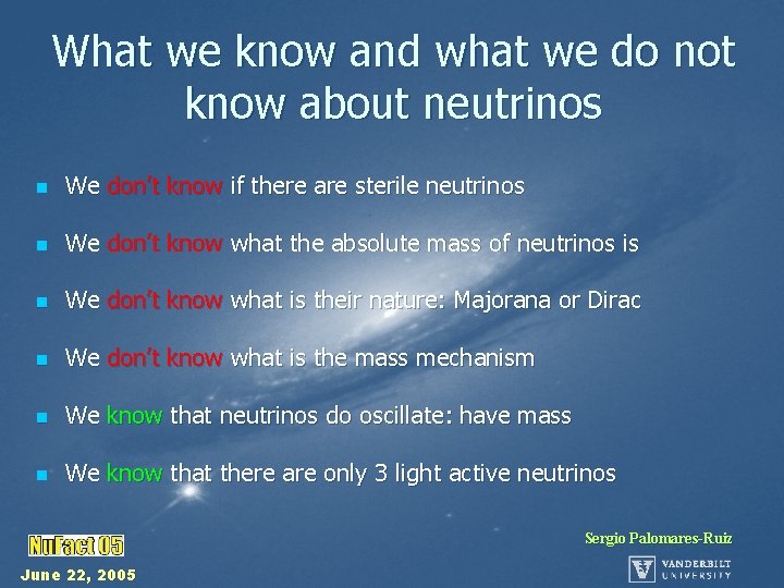 What we know and what we do not know about neutrinos n We don’t