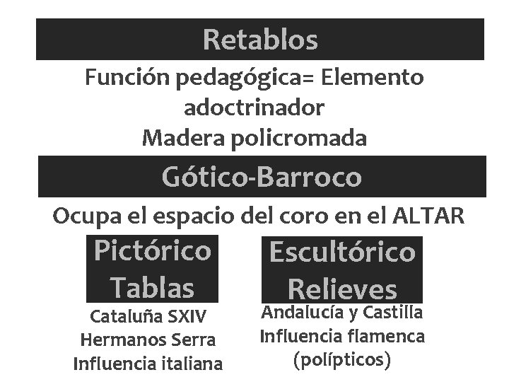 Retablos Función pedagógica= Elemento adoctrinador Madera policromada Gótico-Barroco Ocupa el espacio del coro en