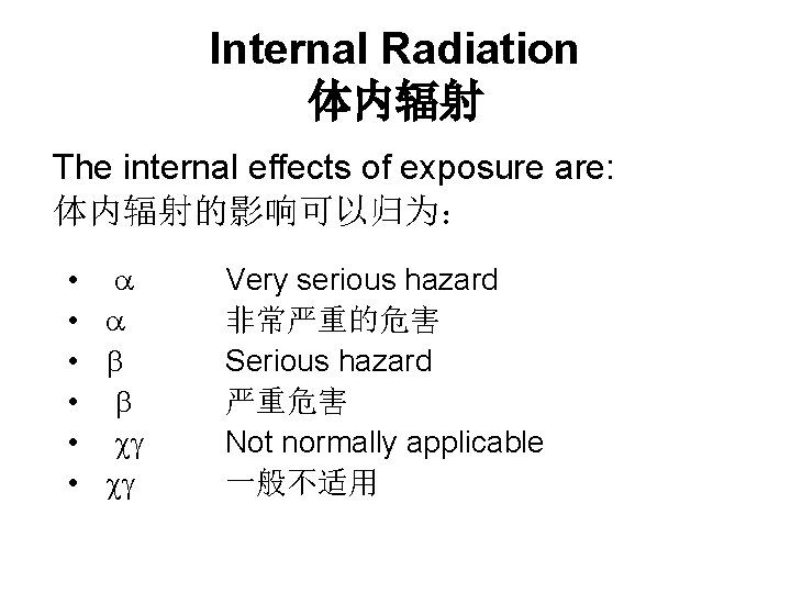 Internal Radiation 体内辐射 The internal effects of exposure are: 体内辐射的影响可以归为： • • • Very