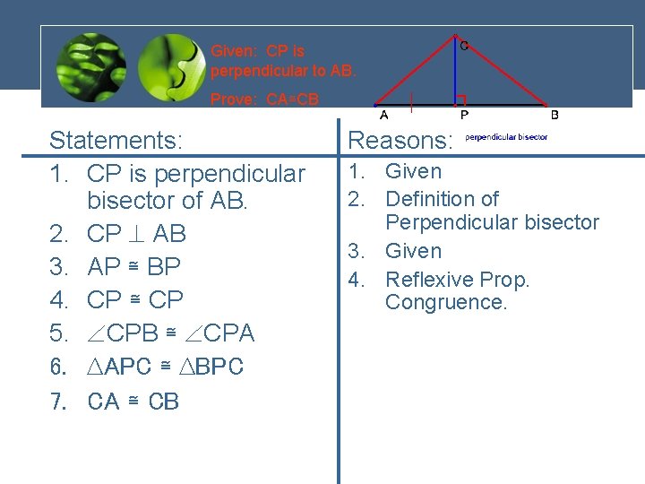 Given: CP is perpendicular to AB. Prove: CA≅CB Statements: 1. CP is perpendicular bisector