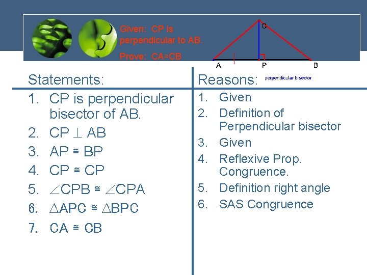 Given: CP is perpendicular to AB. Prove: CA≅CB Statements: 1. CP is perpendicular bisector