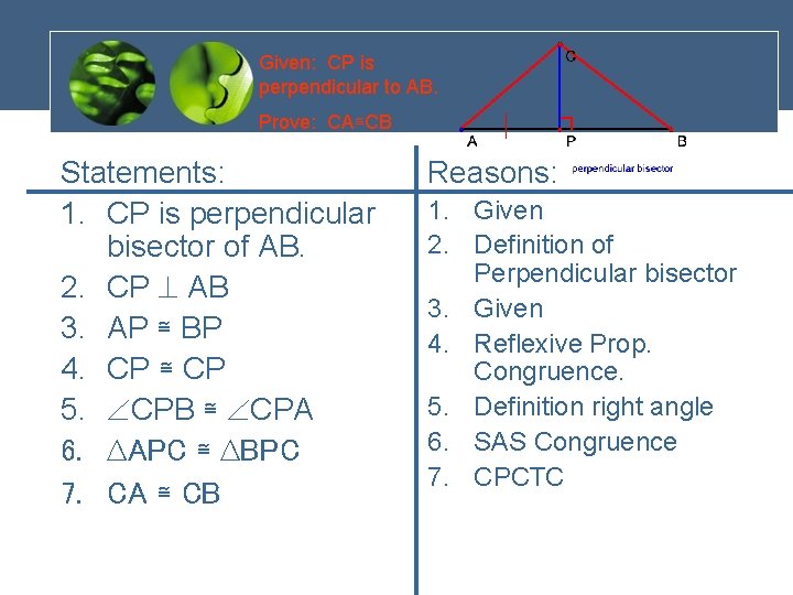 Given: CP is perpendicular to AB. Prove: CA≅CB Statements: 1. CP is perpendicular bisector