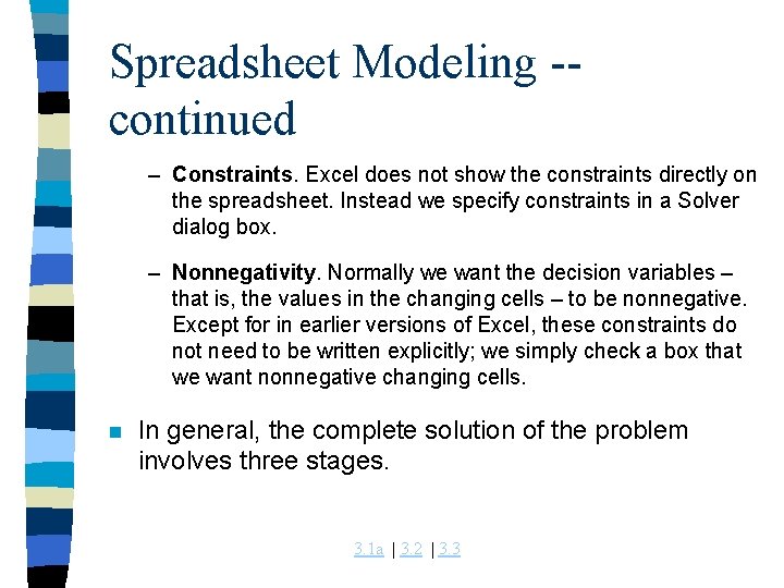 Spreadsheet Modeling -continued – Constraints. Excel does not show the constraints directly on the