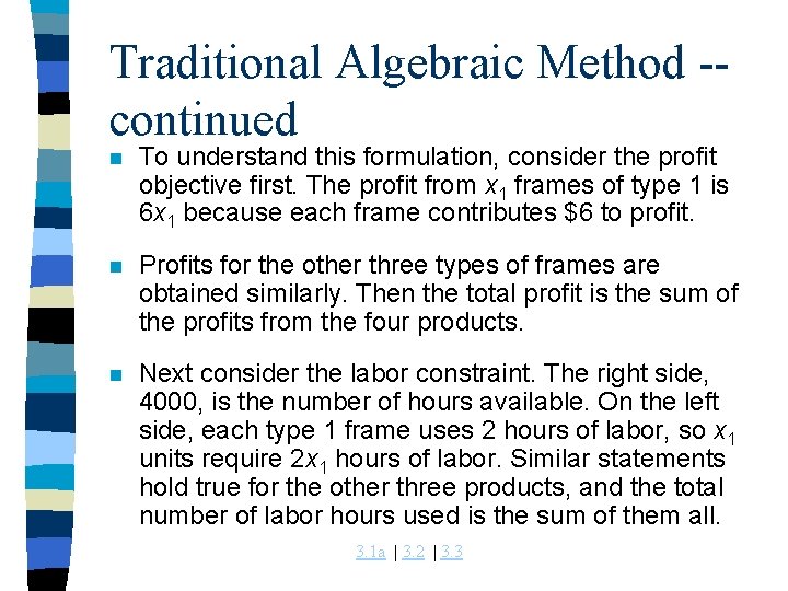Traditional Algebraic Method -continued n To understand this formulation, consider the profit objective first.
