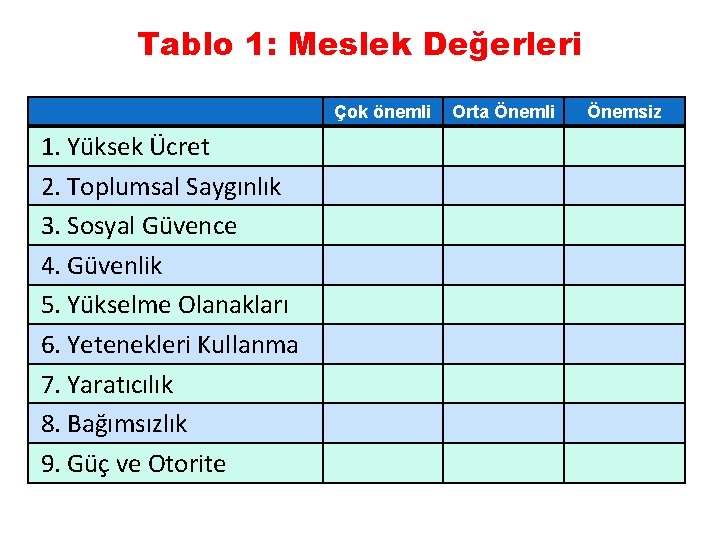 Tablo 1: Meslek Değerleri Çok önemli 1. Yüksek Ücret 2. Toplumsal Saygınlık 3. Sosyal