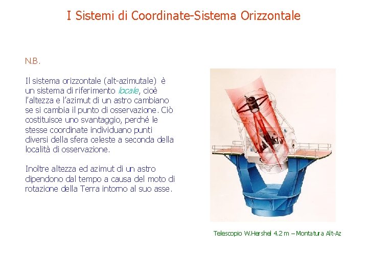 I Sistemi di Coordinate-Sistema Orizzontale N. B. Il sistema orizzontale (alt-azimutale) è un sistema