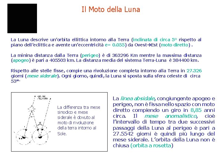 Il Moto della Luna La Luna descrive un’orbita ellittica intorno alla Terra (inclinata di