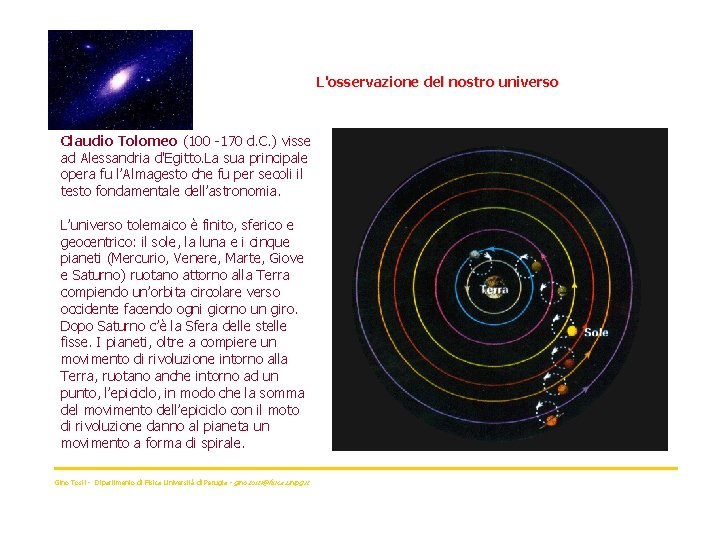 L'osservazione del nostro universo Claudio Tolomeo (100 -170 d. C. ) visse ad Alessandria