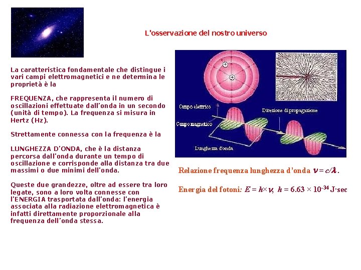 L'osservazione del nostro universo La caratteristica fondamentale che distingue i vari campi elettromagnetici e