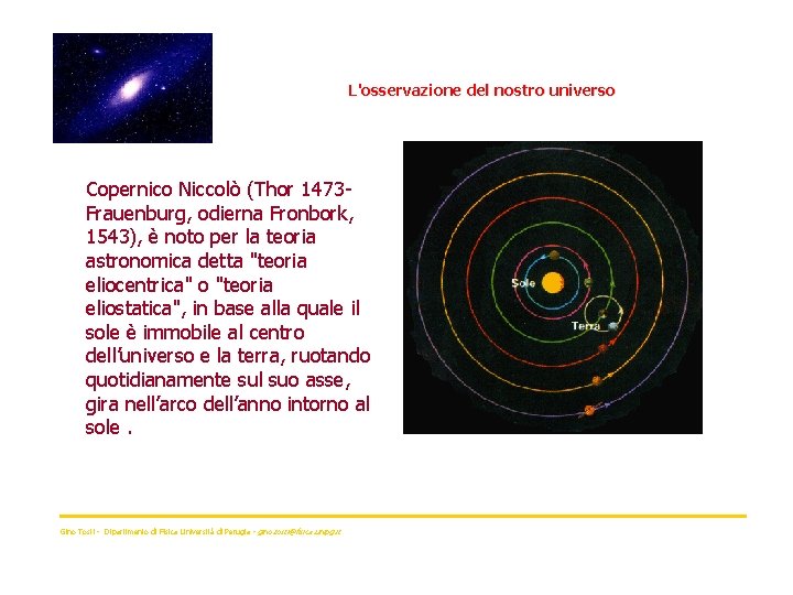 L'osservazione del nostro universo Copernico Niccolò (Thor 1473 Frauenburg, odierna Fronbork, 1543), è noto