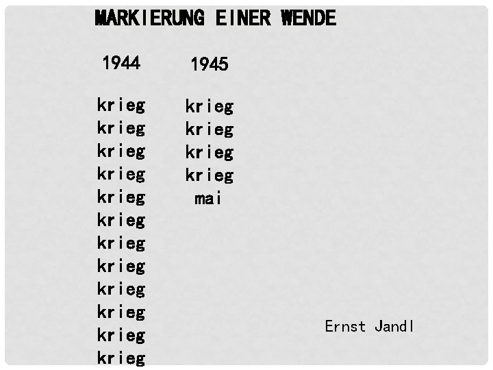 MARKIERUNG EINER WENDE 1944 1945 krieg krieg krieg krieg mai Ernst Jandl MARKIERUNG EINER WENDE 1944 1945 krieg krieg krieg krieg mai Ernst Jandl