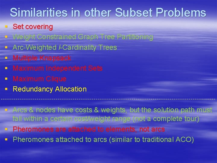 Similarities in other Subset Problems § § § § Set covering Weight Constrained Graph