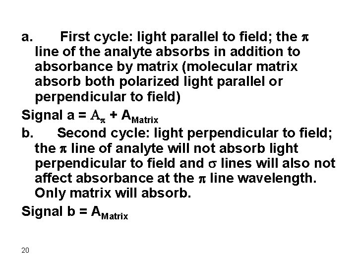 a. First cycle: light parallel to field; the p line of the analyte absorbs