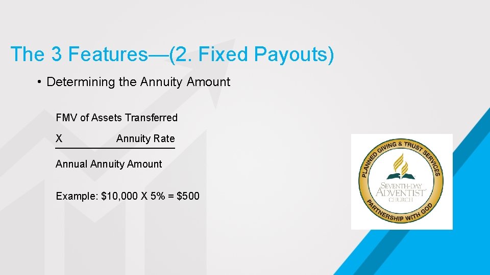 The 3 Features—(2. Fixed Payouts) • Determining the Annuity Amount FMV of Assets Transferred