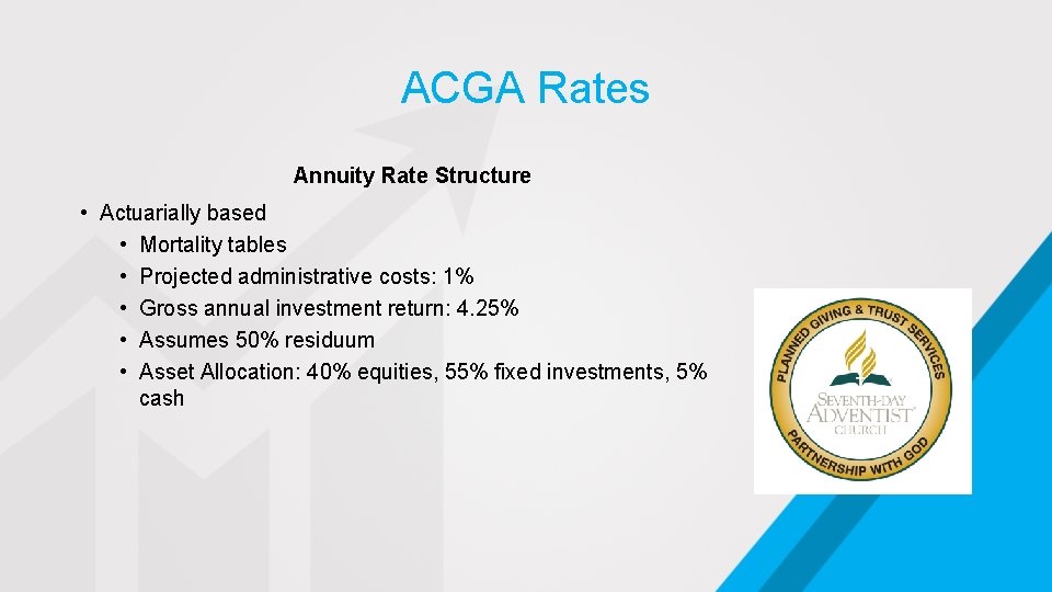 ACGA Rates Annuity Rate Structure • Actuarially based • Mortality tables • Projected administrative