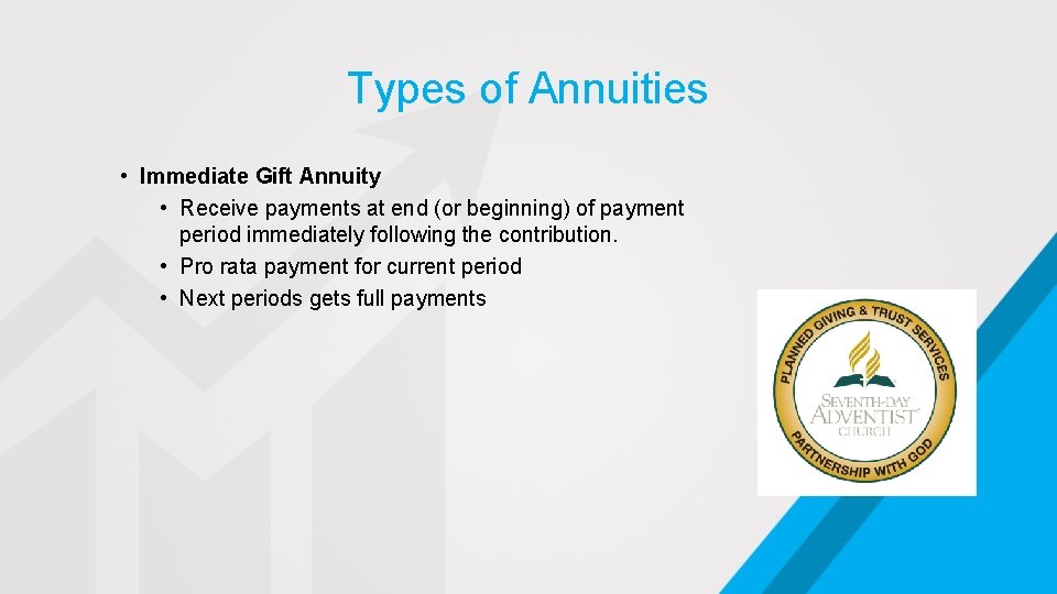 Types of Annuities • Immediate Gift Annuity • Receive payments at end (or beginning)