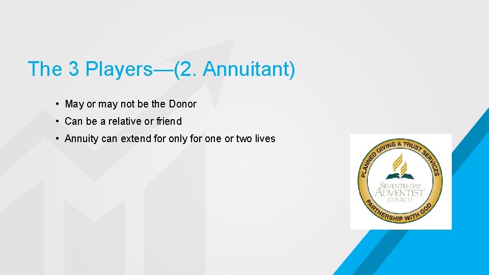 The 3 Players—(2. Annuitant) • May or may not be the Donor • Can