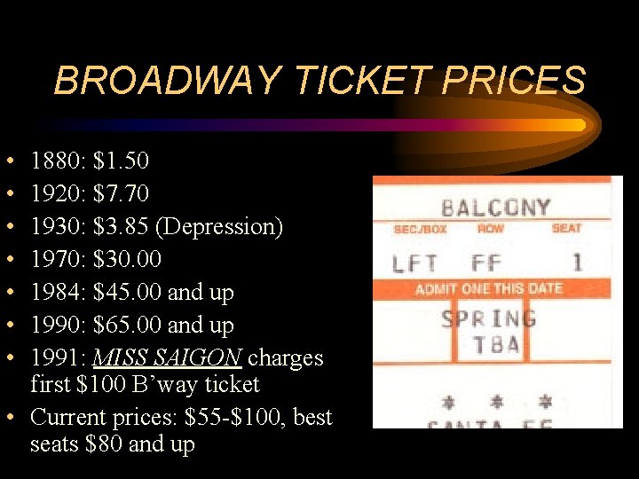 BROADWAY TICKET PRICES • • 1880: $1. 50 1920: $7. 70 1930: $3. 85