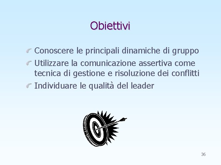 Obiettivi Conoscere le principali dinamiche di gruppo Utilizzare la comunicazione assertiva come tecnica di