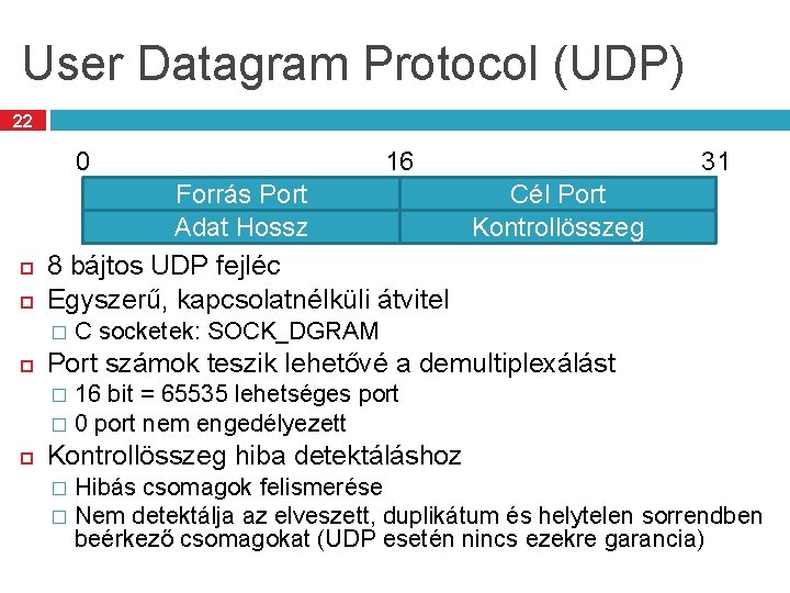 User Datagram Protocol (UDP) 22 0 31 Cél Port Forrás Port Kontrollösszeg Adat Hossz