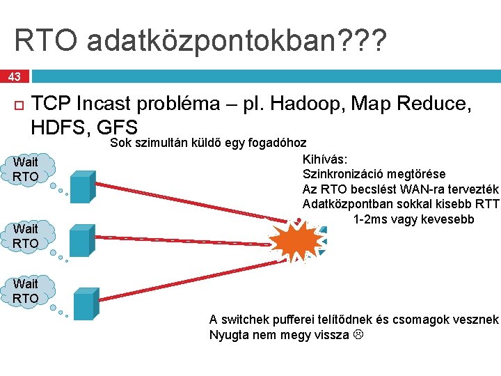 RTO adatközpontokban? ? ? 43 TCP Incast probléma – pl. Hadoop, Map Reduce, HDFS,