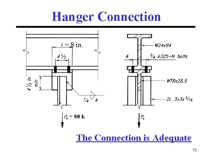 Hanger Connection = 8 in. = 80 k The Connection is Adequate 75 