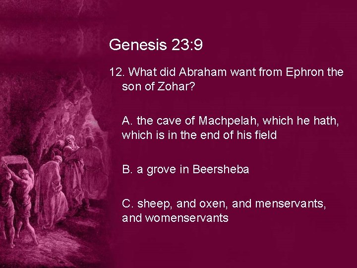 Genesis 23: 9 12. What did Abraham want from Ephron the son of Zohar?