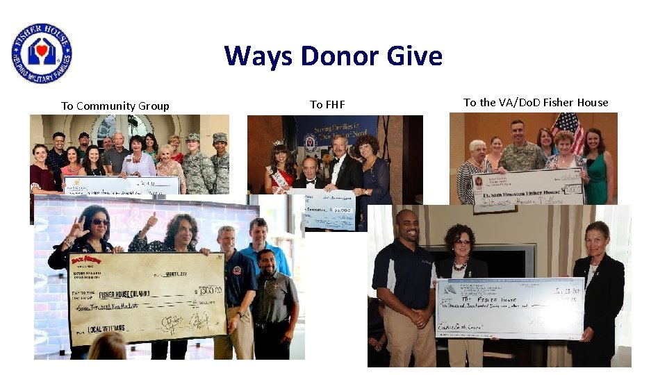 Ways Donor Give To Community Group To FHF To the VA/Do. D Fisher House