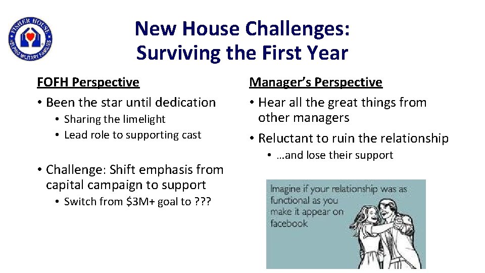 New House Challenges: Surviving the First Year FOFH Perspective • Been the star until