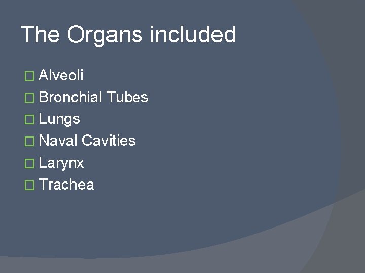 The Organs included � Alveoli � Bronchial Tubes � Lungs � Naval Cavities �