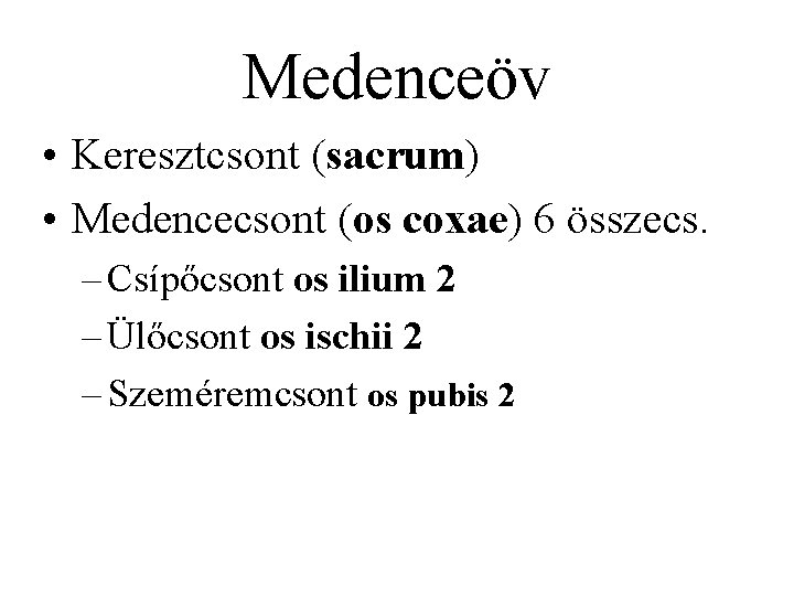 Medenceöv • Keresztcsont (sacrum) • Medencecsont (os coxae) 6 összecs. – Csípőcsont os ilium