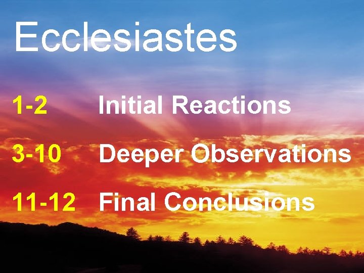 Ecclesiastes 1 -2 Initial Reactions 3 -10 Deeper Observations 11 -12 Final Conclusions 
