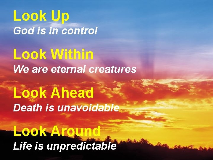 Look Up God is in control Look Within We are eternal creatures Look Ahead