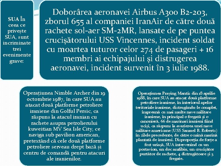 SUA În ceea ce privește SUA, sunt incriminate trei evenimente grave: Doborârea aeronavei Airbus