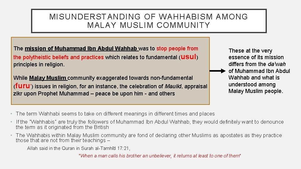 MISUNDERSTANDING OF WAHHABISM AMONG MALAY MUSLIM COMMUNITY The mission of Muhammad Ibn Abdul Wahhab