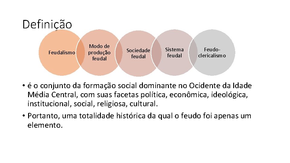 Definição Feudalismo Modo de produção feudal Sociedade feudal Sistema feudal Feudoclericalismo • é o