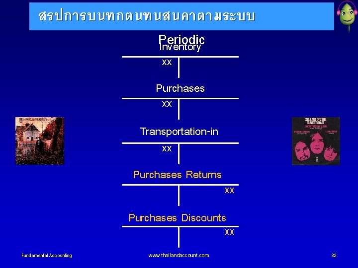 สรปการบนทกตนทนสนคาตามระบบ Periodic Inventory xx Purchases xx Transportation-in xx Purchases Returns xx Purchases Discounts xx