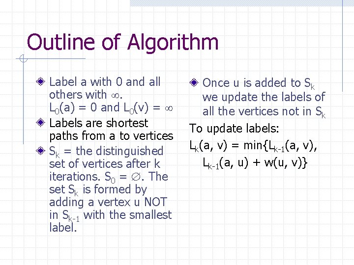 Outline of Algorithm Label a with 0 and all others with . L 0(a)