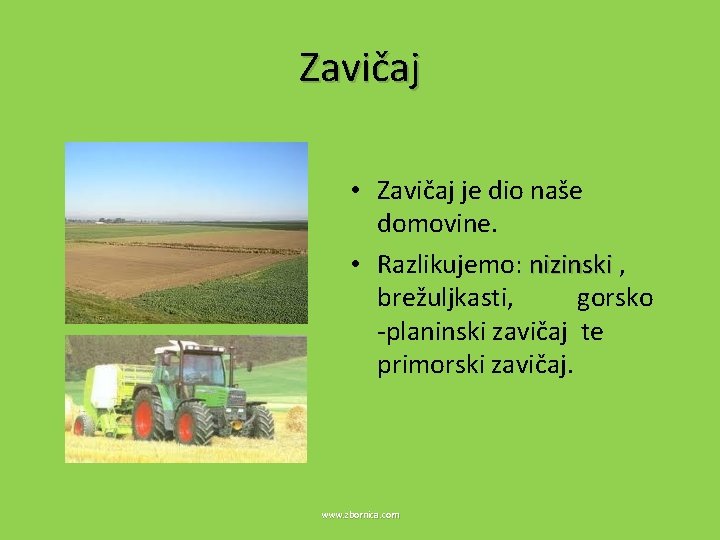 Zavičaj • Zavičaj je dio naše domovine. • Razlikujemo: nizinski , brežuljkasti, gorsko -planinski