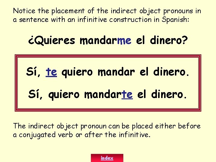 Notice the placement of the indirect object pronouns in a sentence with an infinitive